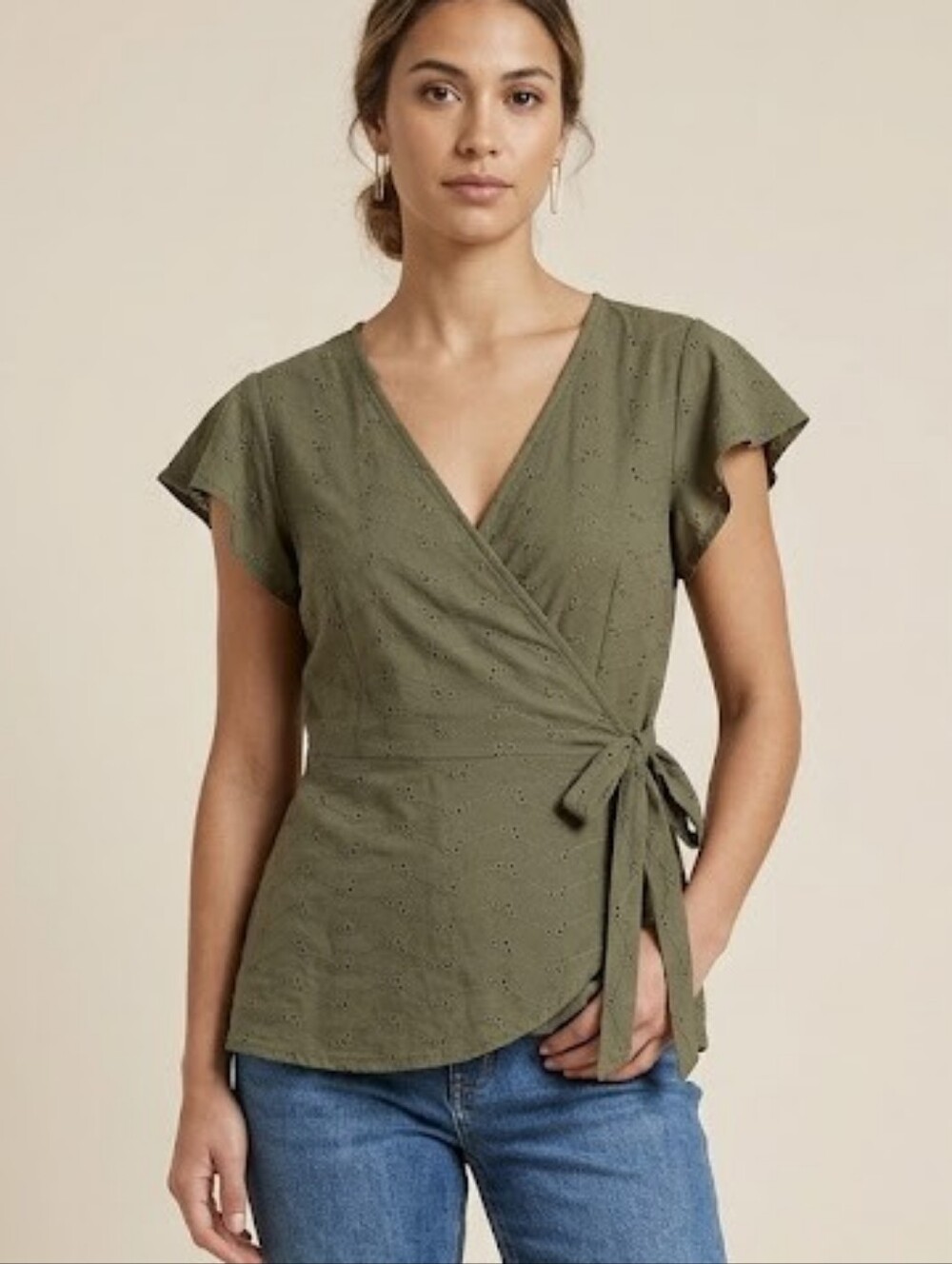 Lily Morgan Olive Green Wrap Top Blouse Ruffle Sleeves Lace Eyelet Size L